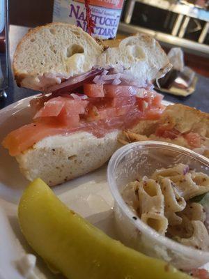 Everything bagel with lox, cream cheese, onion, and tomato. Hit the spot!