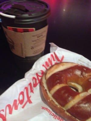 Cafe mocha and pretzel bagel