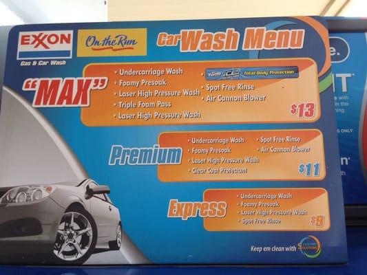 Car wash menu