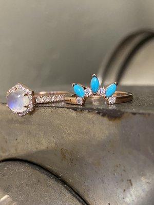 Custom matching Moonstone, Turquoise and Diamond engagement and wedding ring set.