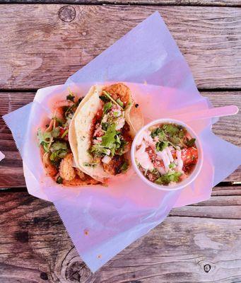 Shrimp tacos and side of pinto beans