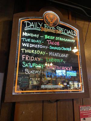 Daily specials list