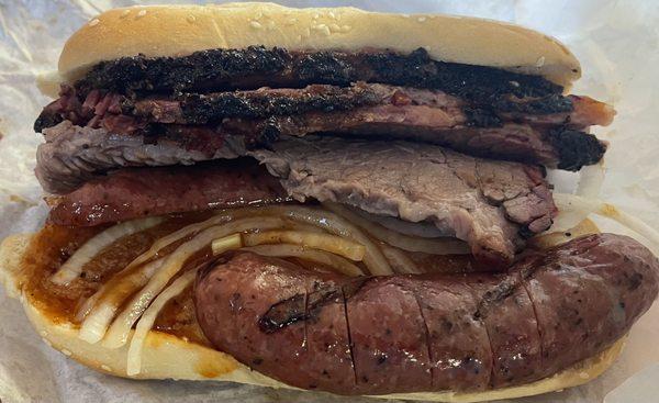 Brisket and sausage combo sandwich