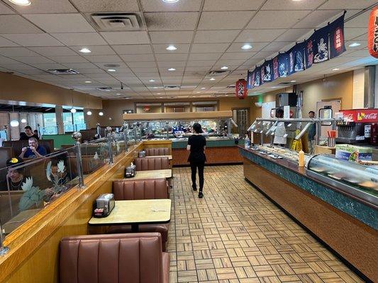 Inside view, buffet loaded with good food.