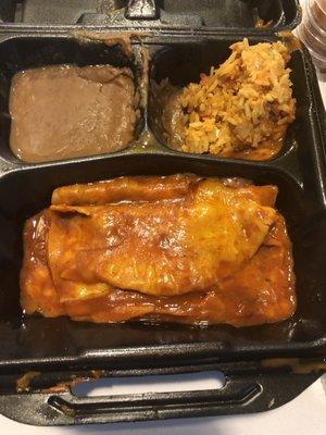 Tres Amigos, three cheese enchiladas rice and refried beans.