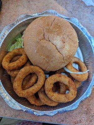 Turkey burger and onion rings.