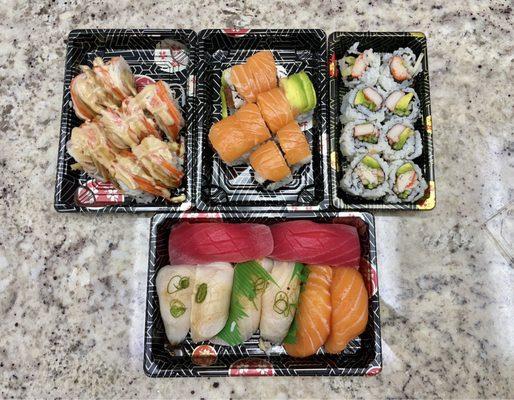 Party platter ($50) -- shaggy dog, salmon tuna, and California rolls, and 8 pieces of nigiri.  No actual platter if doing takeout