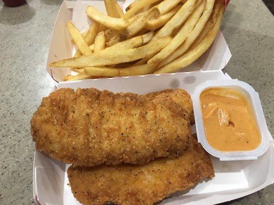 The chicken strips aren't Chick-fil-A's, but definitely better than their nuggets or McDonald's new strips.   $5 combo shown.