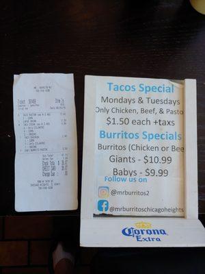 Receipt contradicting the special sign this should ne illegal manager rudely refuse to honor the pastor tacos $1.50 Tuesday special.