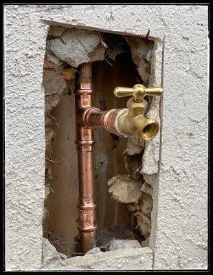 Replaced pipe and spigot. Stucco guy will patch the hole tomorrow.