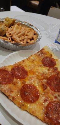 $4.00 for one topping pizza slice $9.50 for small order of penne $2.25 for a medium soda