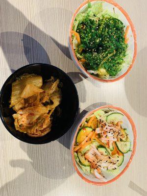 Cucumber salad, Seaweed salad and kimchi