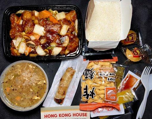 Takeout spread #68 Da Chian chicken w/ rice + spring roll + small hot & sour soup & fried noodles/sauces/fortune cookies