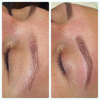 This is a photo of before, and after a brow tint and brow wax