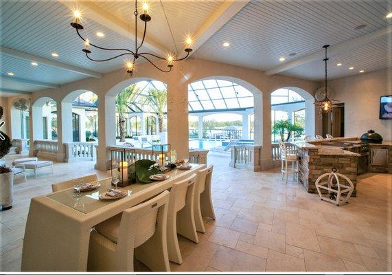 Travertine floor tile with bar and countertop.