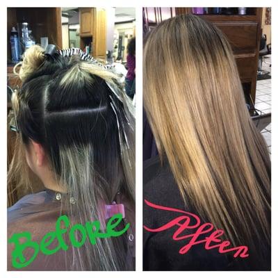 Regrowth blonde hilites touched up, evened out & toned. Color underneath on a natural beauty!