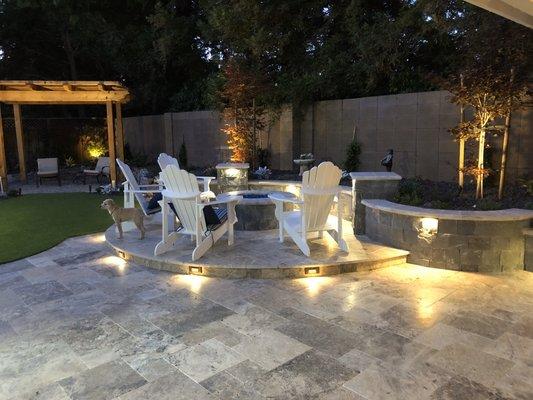 Gas fire pit with seat wall and columns. Lighting by Alliance lifetime Warranty on fixtures.