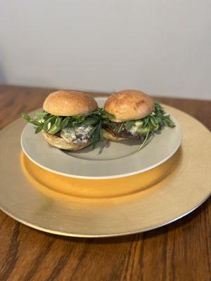 Wildfire grilled AK bison sliders: boozy bacon onion jam, bleu cheese, apples, arugula, micro greens