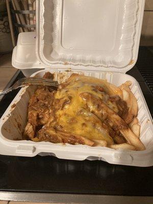 A huge pile of chili cheese fries! Yum! Less than $8.