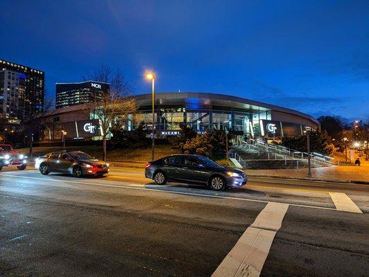 Outside McCamish Pavilion at the corner of 10th and Fowler. Game night. Georgia Tech vs NC State. Tuesday, January 17, 2023.