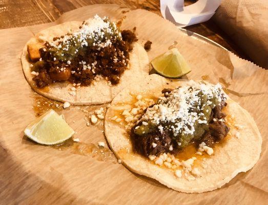 Barbacoa and chorizo tacos