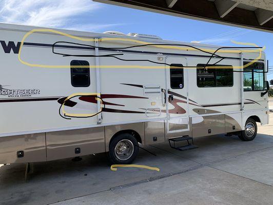 Passenger side prior to decal removal. RV detailing, RV washing, RV  waxing, RV polishing, RV mobile detailing.