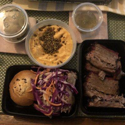 Take out - delish! Brisket, sammie, pickles, and sweet potatoes.