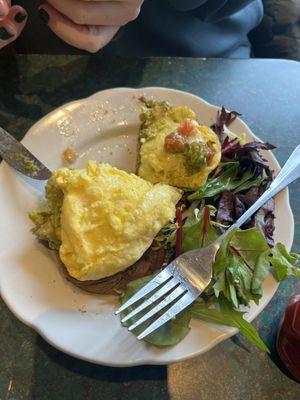 Avocado toast with scrambled egg on top