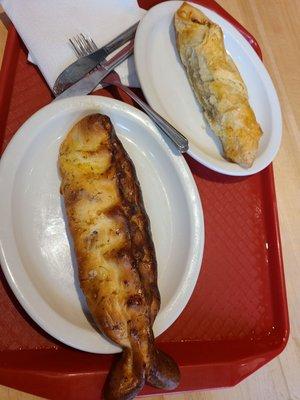 Left is smoked salmon piroshky and Bavarian sausage piroshky.