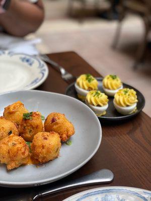 Deviled eggs with bacon jam. Hush puppies