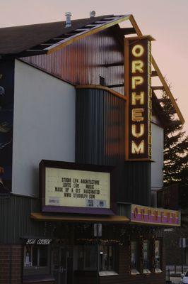 Exterior shot of Orpheum Theater Flagstaff at dusk