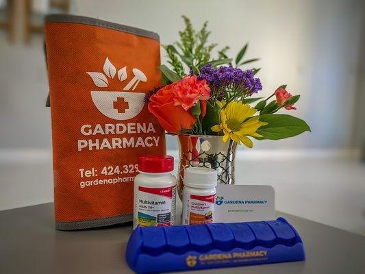 Free gift this month of tote bag, daily vitamins & pill dispensers for new guests.