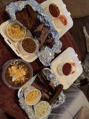 Texas Trinity x2 mac n cheese, potato salad, hot beans, frito pie, not pictured pecan pie