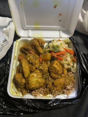 Curry Chicken rice & peas steamed cabbage