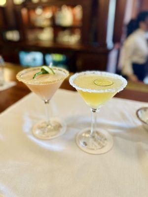 Huckleberry Margarita with a sugar rim, up & a Mezcal Margarita with a salt rim, up.