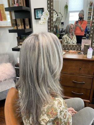 Balayage through natural grey hair