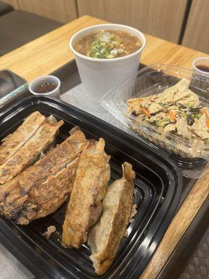 Potstickers, hot and sour soup, tofu skin salad appetizer