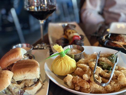 Calamari, prime rib sliders, beef skewers, meatballs, Angeline Cabernet