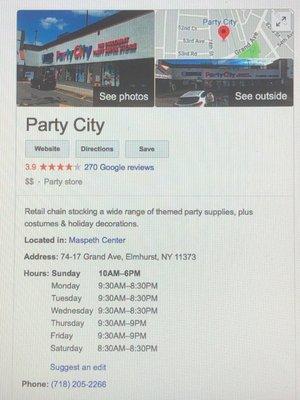 Partycity hours on google :)