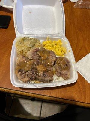 Oxtails. Cabbage. MAC n cheese over rice n gravy...