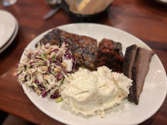 BBQ combo plate, slaw and mashed potatoes.