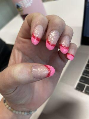 Globby nails , uneven tips, thickkkkk red line, colors don't match requested