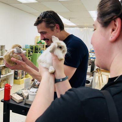 Visiting with 5 week old bunnies