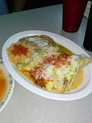 Combination plate with Chile Verde enchilada, carnitas taco, and Chile relleno. All excellent!