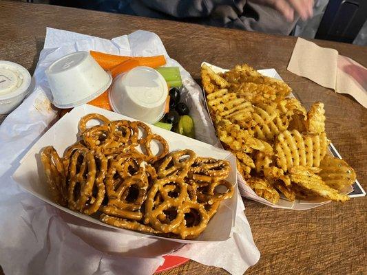 Basket of Fries and Veggie Platter (that comes with Pretzels