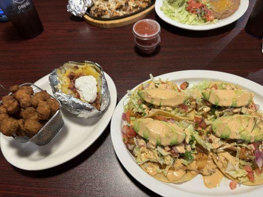 Fish tacos and baked potato