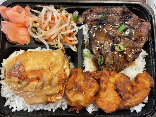 12/2023 casual dining kahala nui bento - miso salmon chicken karaage and Teri beef