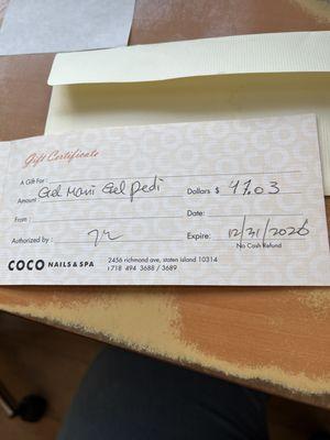 A gift certificate for a mani/pedi at coco nails