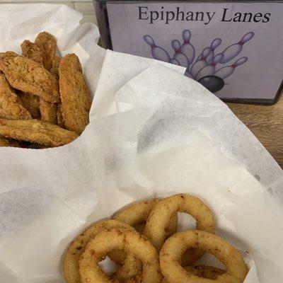 Chicken strips and onion rings.