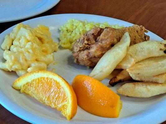 Chicken,  mac and cheese, fries.